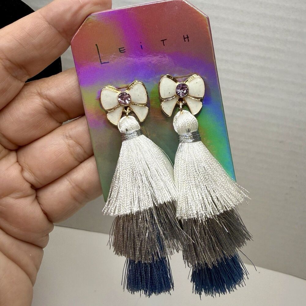Leith Layered Tassel W/Multi Color Thread & Enamel Bow Rhinestone Earrings New